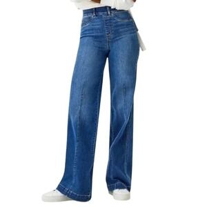 Spanx Seamed Front Wide Leg Jeans Medium Wash Pull On High Rise Size Medium NEW